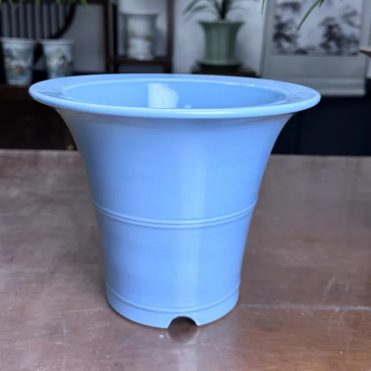 天青色纯手工斗笠形花盆陶瓷古典韵味（高:19cm，外口:23cm）