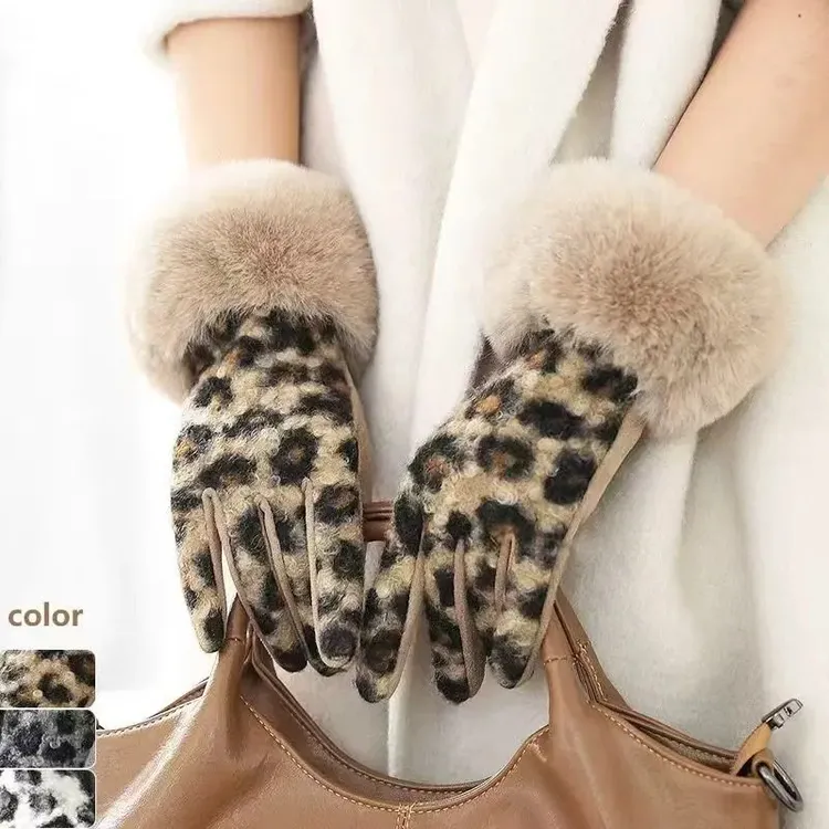 【新疆包邮】防寒香风豹纹高级手套女毛口冬季加绒保暖触屏骑行