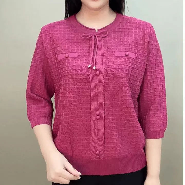 春季新款时尚妈妈蝴蝶结显瘦焦麻针织衫宽松减龄圆领打底衫