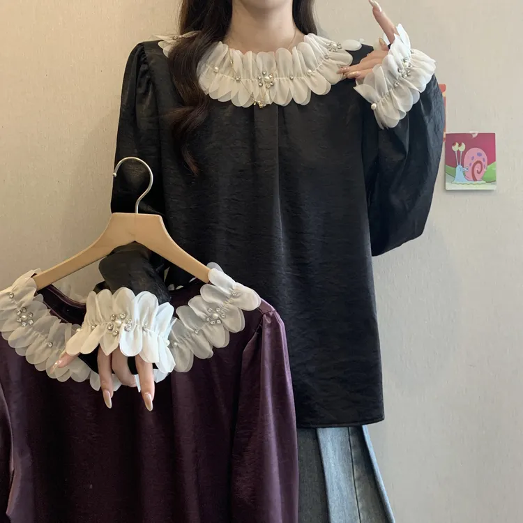 大码女装法式高级缎面重工衬衫胖妹妹遮肚洋气显瘦长袖上衣韩版