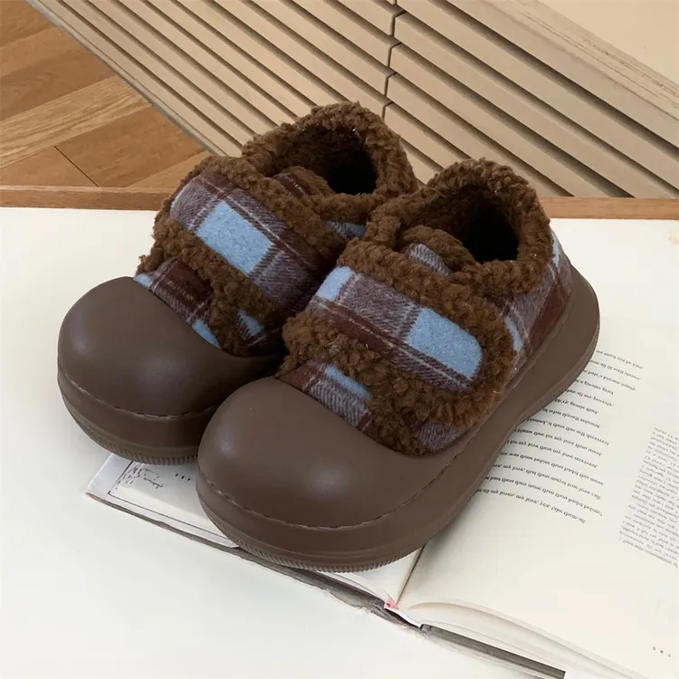 厚底防滑面包鞋少女心魔术贴棉鞋女学生网红冬复古撞色格子毛毛鞋