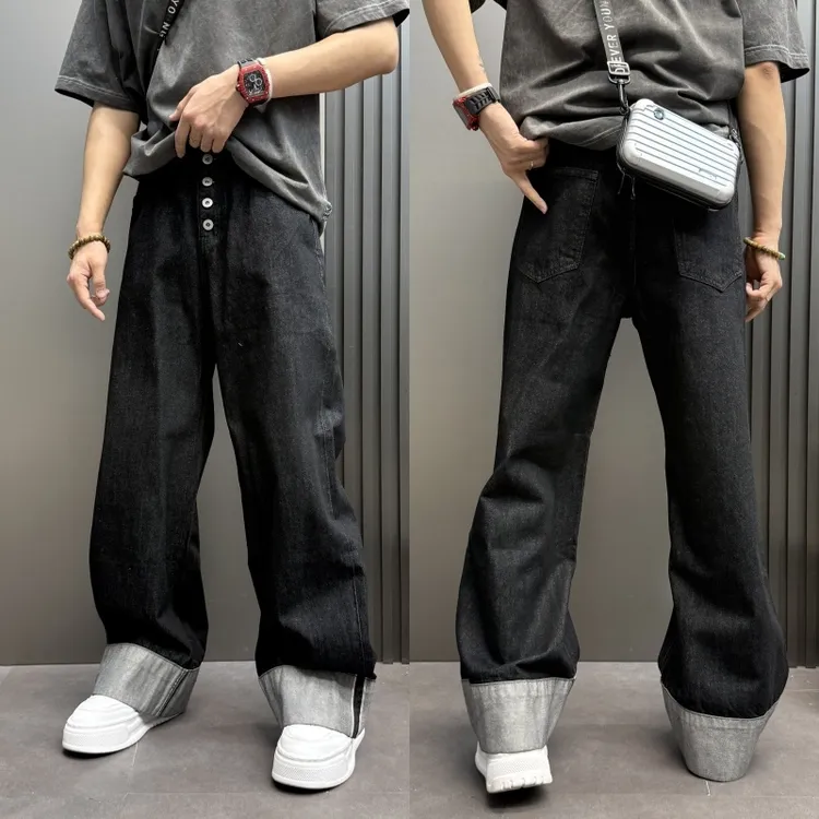 美式复古弯刀牛仔裤男秋季排扣阔腿微喇拖地裤宽松百搭休闲直筒裤