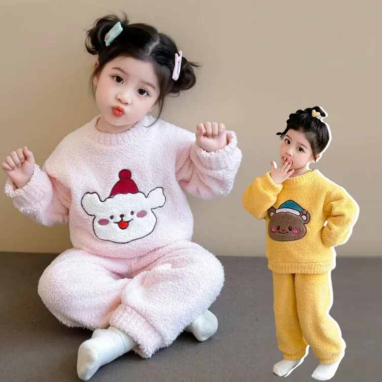 女童睡衣秋冬半边绒2025新款女小女孩女宝宝法兰绒套装儿童家居服