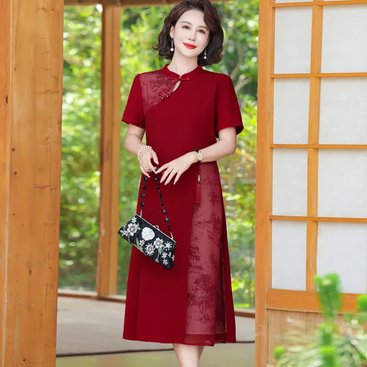夏装妈妈短袖雪纺连衣裙中老年高档喜婆婆婚宴装红色气质减龄裙子