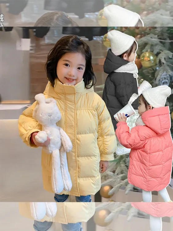 新款韩版泡芙儿童白鸭绒丝服中长款加厚保暖外套（围巾只供参考）