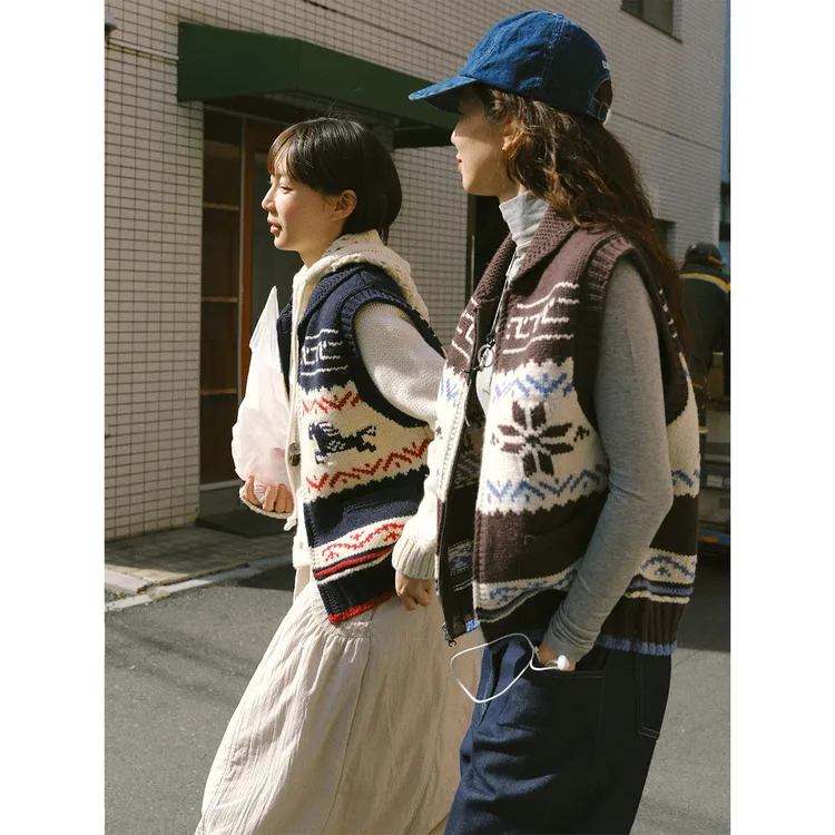 复古提花费尔岛针织无袖马甲开衫上衣女秋冬叠穿显瘦毛衣背心外套