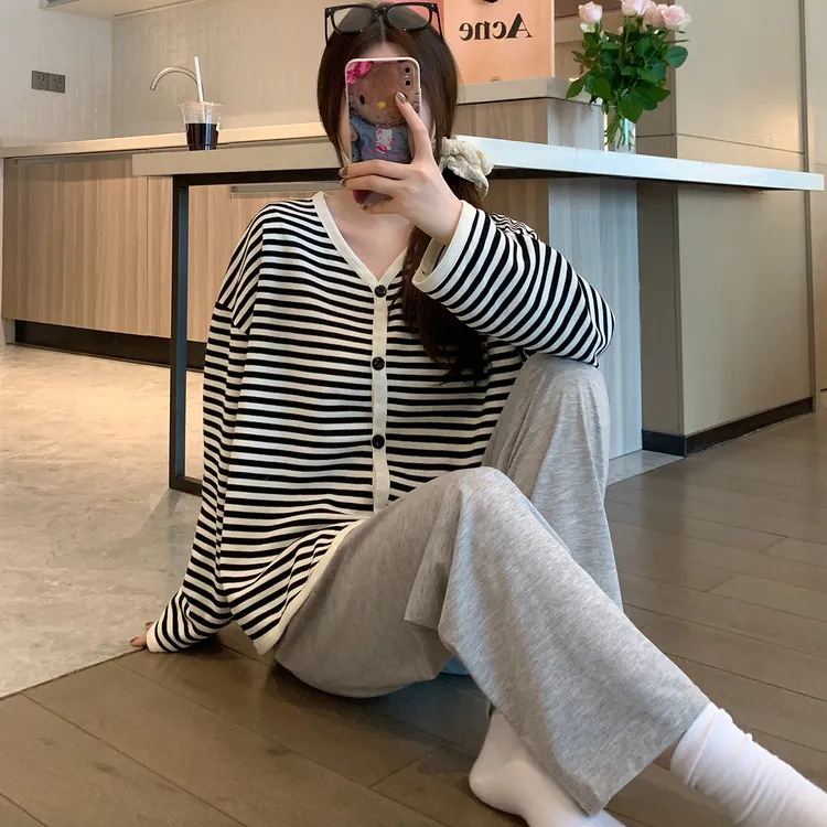 韩版条纹棉质睡衣女春秋季长袖2025新款休闲可外穿家居服长裤套装