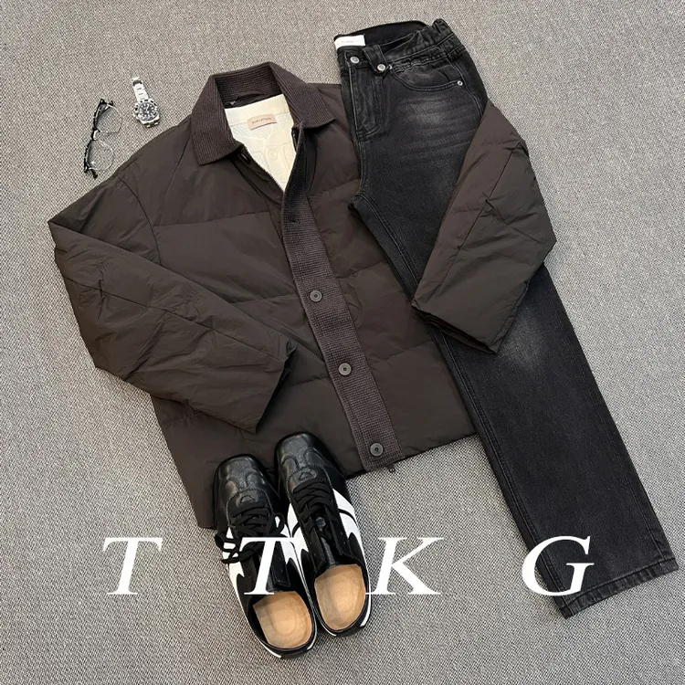 TTKG冬季巴恩风针织拼接羽绒服外套男时尚翻领90国标羽绒夹克外套