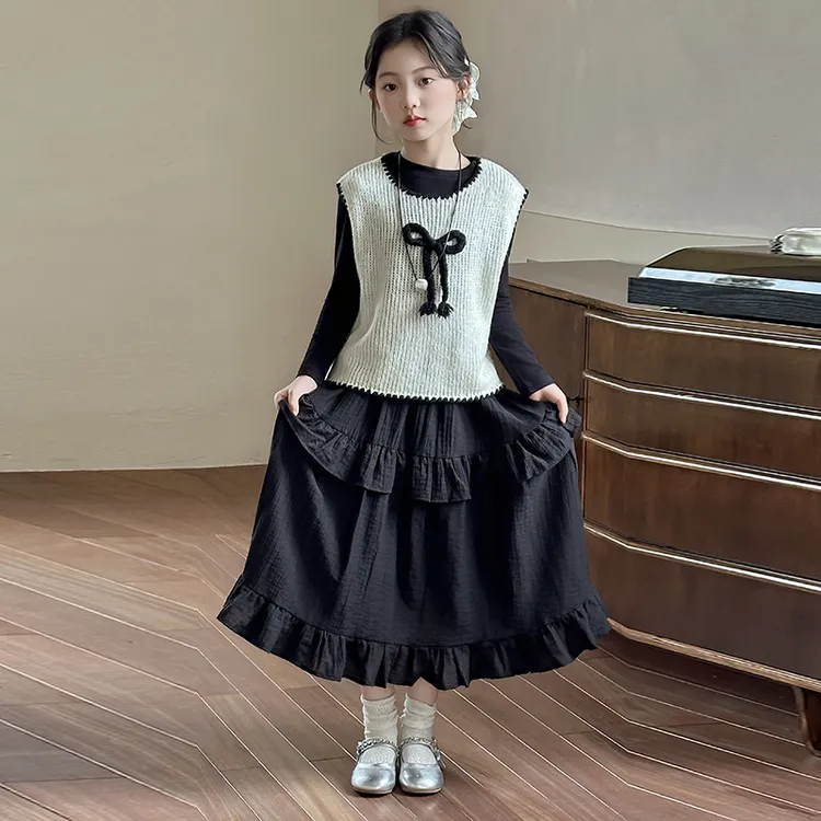 女童秋装2025新款儿童套装春秋季毛衣马甲套装裙三件套大童学院风