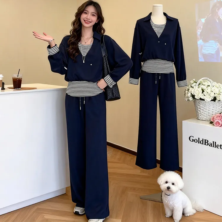 高级感条纹假两件拼接长袖阔腿裤时尚套装女装春秋减龄穿搭一整套