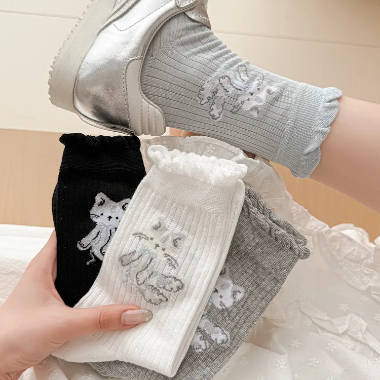 杭臻可爱猫咪袜子女中筒袜夏季薄款棉袜爆款2025新款日系少女长袜