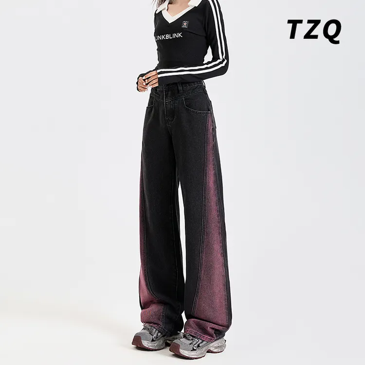 2025春秋新款高腰复古拼接阔腿牛仔裤女宽松垂感直筒裤TZQ122757