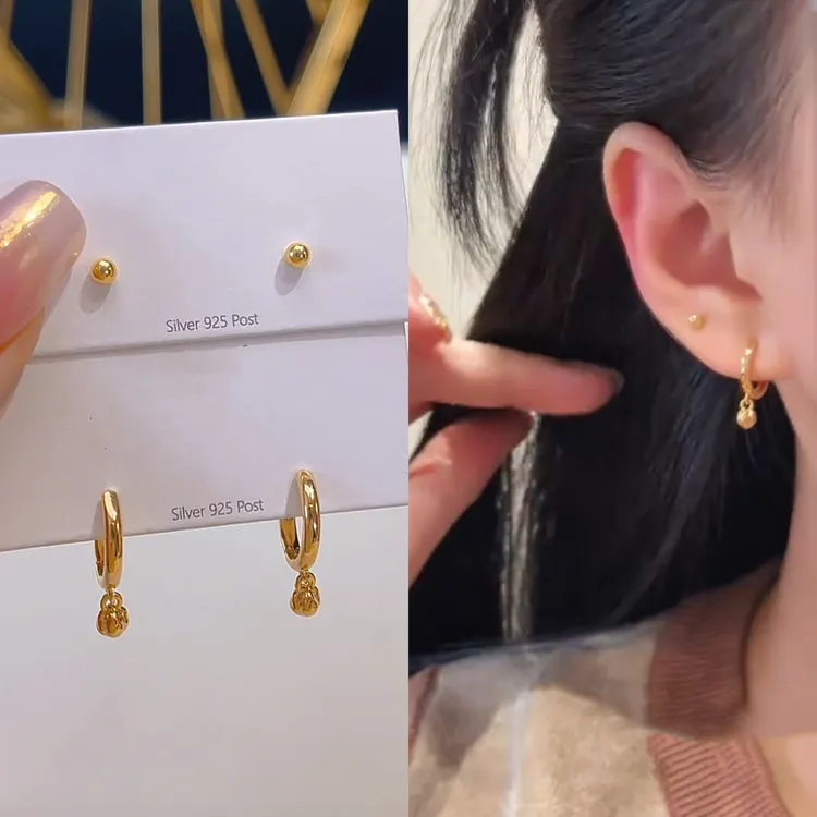 铜合金耳饰 轻奢精致豆豆水滴四件套耳环小众高气质耳钉百搭耳饰