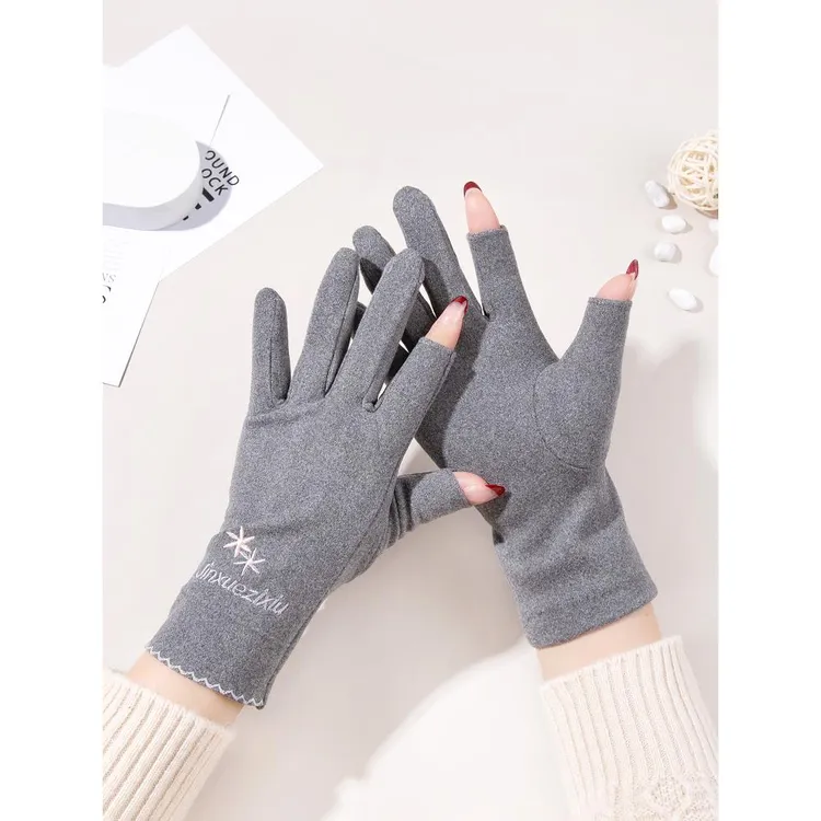 女士手套春秋季漏二指冬天薄款骑车弹性单层德绒保暖韩版漏指短款