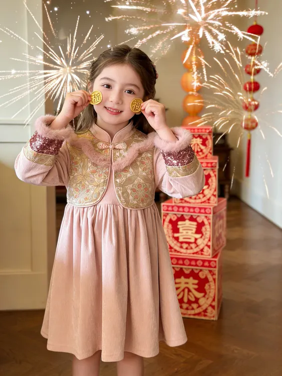 2026冬季儿童加绒甜美连衣裙国风女童新中式旗袍裙新款