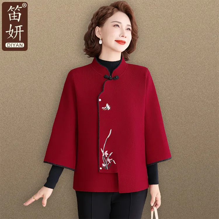 中年妈妈秋装新中式国风外套短款喜婆婆婚宴针织上衣春秋2025新款