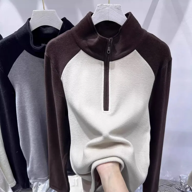 中大童半拉链德绒内搭卫衣打底衫女童秋冬加厚磨毛撞色插肩袖上衣