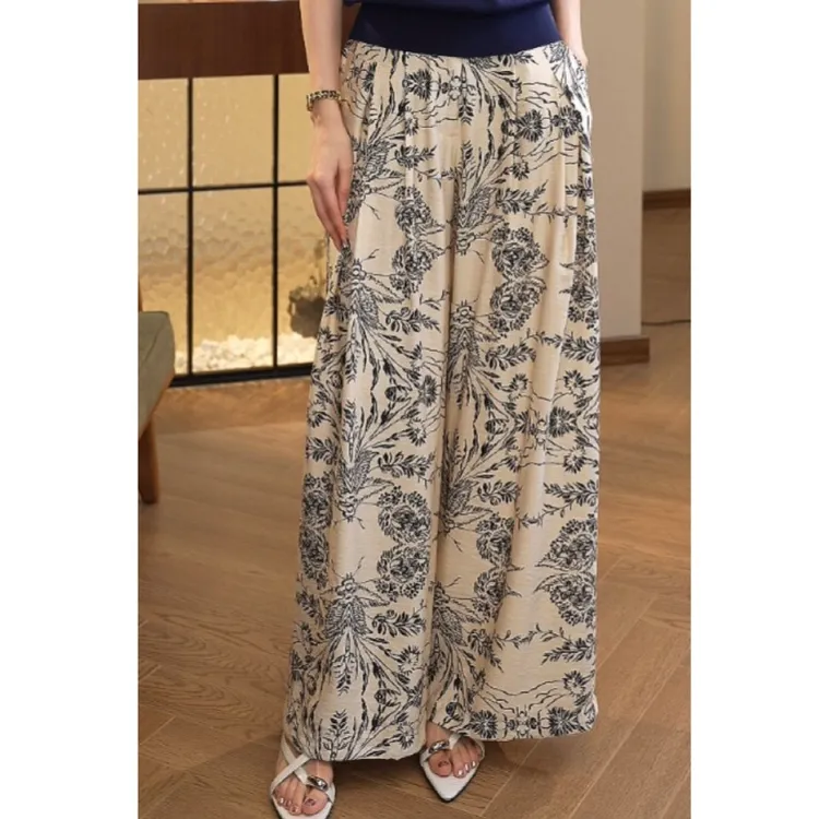 2025夏季新款【7769】小众独特提花直筒垂感米杏色百搭女裤阔腿裤子