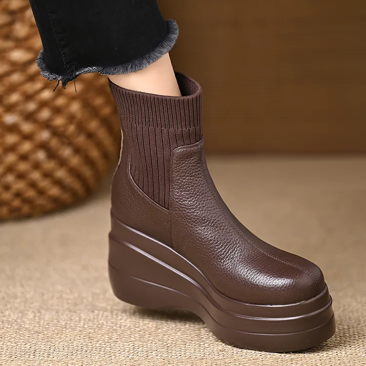 9厘米头层牛皮防水台厚底短靴女高跟松糕底针织弹力套筒坡跟靴子