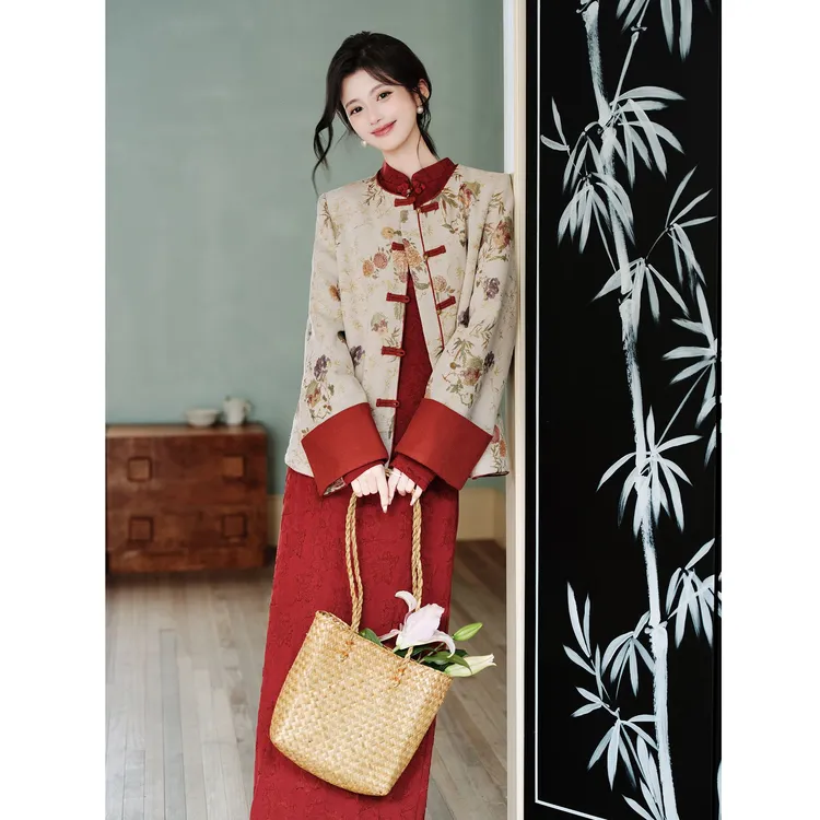 秋冬新中式国风喜庆红色连衣裙加外套两件套装高级感提花套装夹棉
