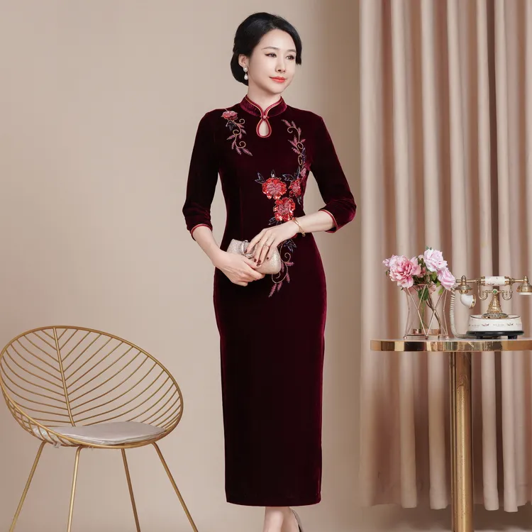 秋冬新款高贵钉珠金丝绒旗袍结婚喜婆婆喜妈妈长款中袖敬酒礼服