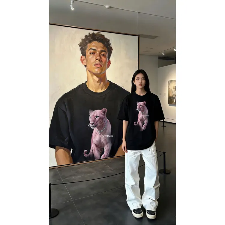 夏季个性百搭潮流创意粉红豹印花男女款纯棉宽松大码痞帅短袖T恤