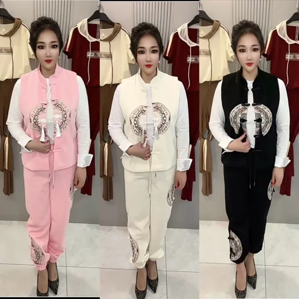 春夏国风刺绣马甲小衫长裤复古显瘦时尚套装