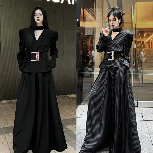 Blackgirl新款【律政佳人】轻奢气质收腰大码秋装高腰服装女套装