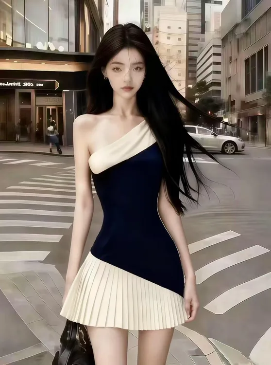 新款时尚小众设计撞色无袖修身单肩斜领露肩收腰拼接百褶连衣裙