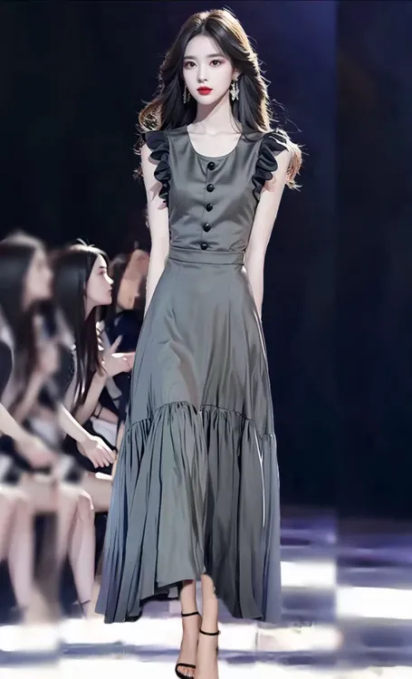 SS1189夏季轻奢高级感长裙法式气质好看独特灰色小飞袖连衣裙