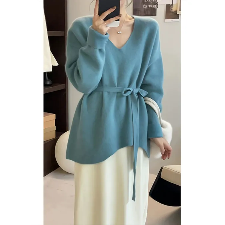 过年新年红色新中式v领针织上衣冬季外穿慵懒软糯本命年毛衣加厚