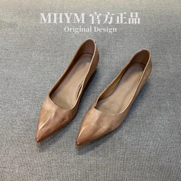 MH官方文艺风一脚蹬懒人真皮单鞋女浅口复古尖头气质粗跟工作鞋