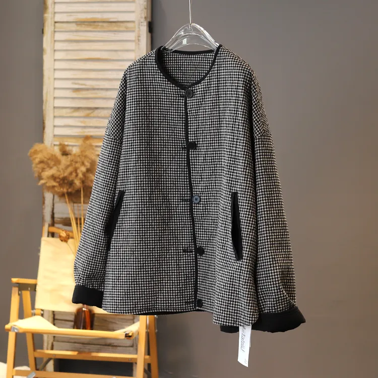 2025年新品冬款拼接韩版宽松格纹夹棉外套经典文艺棉麻开衫女百搭