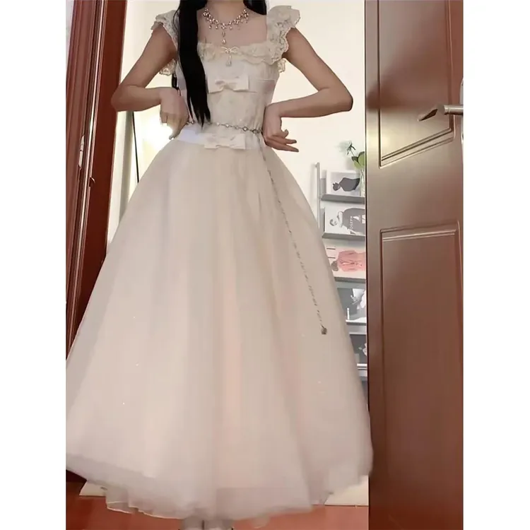 法式芭蕾风重工小飞袖连衣裙女夏日绝美网纱生日公主裙收腰长裙子