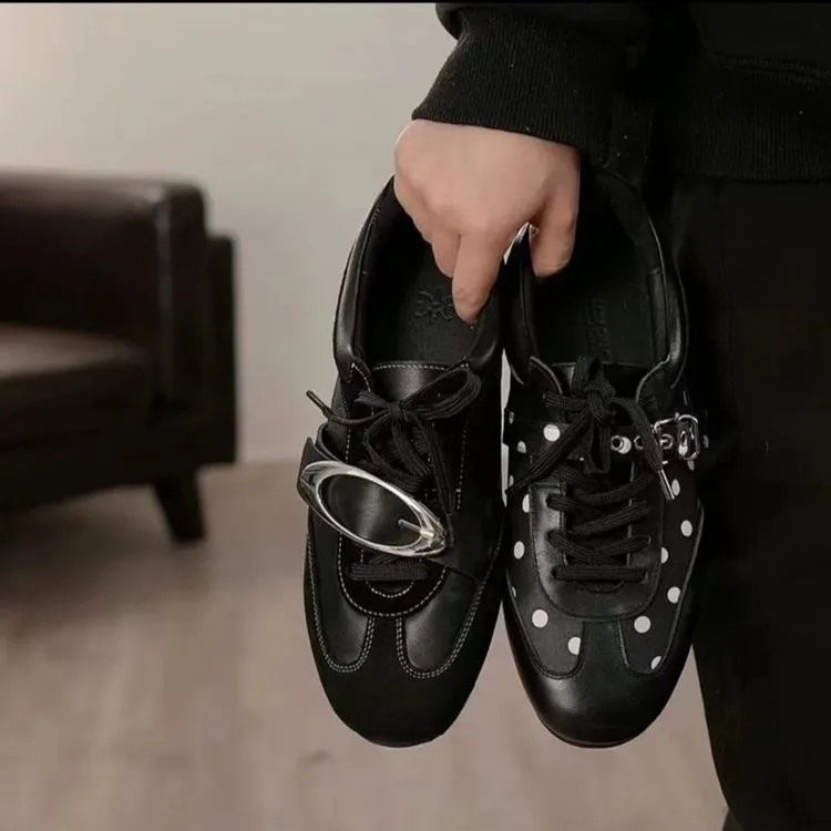 春秋新品|波点拼色皮面系带德训鞋女新款休闲外穿运动风平底单鞋