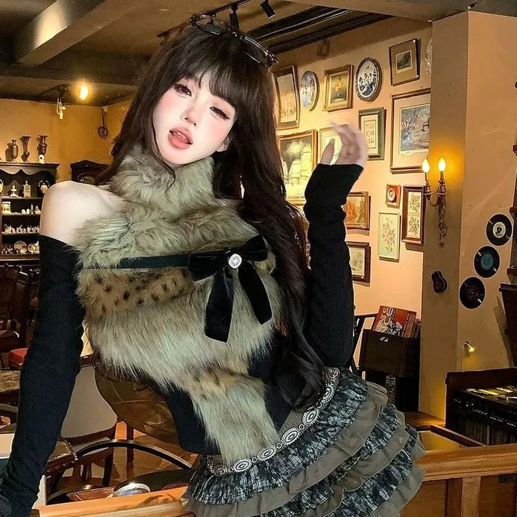 冬季新款豹纹拼接露肩纯欲风蝴蝶结针织上衣高腰蛋糕蓬蓬裙两件套