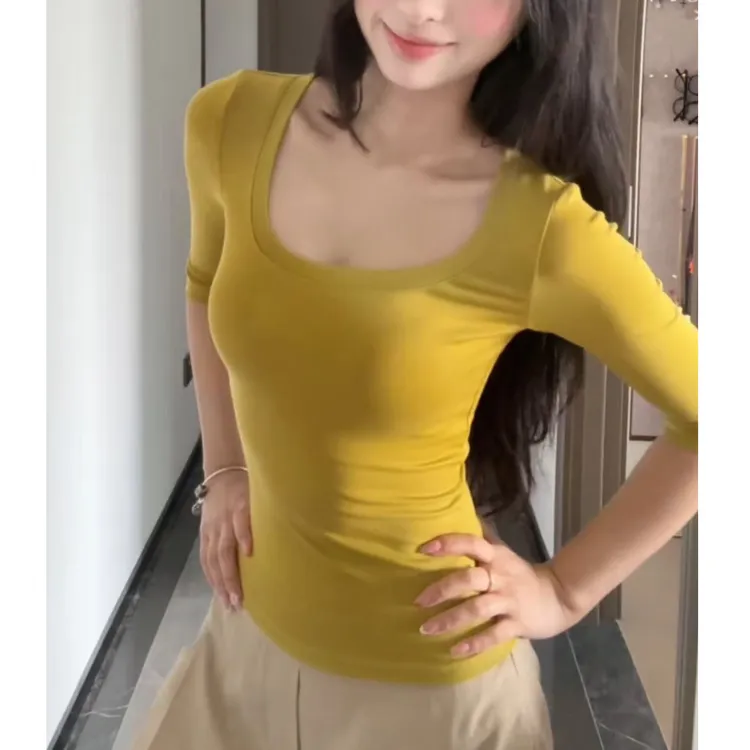极简气质美学 莱赛尔大U领t#9144