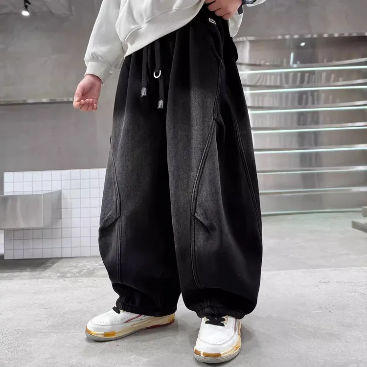 男童秋冬款加绒牛仔弯刀裤2025新款中大儿童冬季裤子潮酷男孩冬装