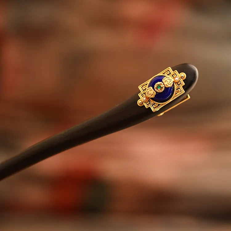 双面宝蓝平安扣檀木发簪日常实用百搭古典盘发簪