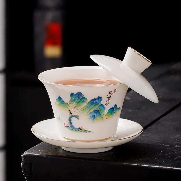 羊脂玉悬停悬浮盖碗三才盖碗茶具防烫陶瓷泡茶碗手工高档带盖