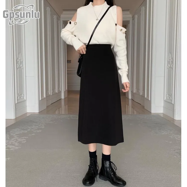 gpsunlu大码秋季新款高腰半身裙女设计感开叉显瘦中长款黑色裙子