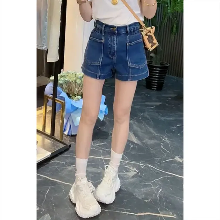 艾塔莉蓝色直筒裤小个子设计感短裤女夏季新款百搭显瘦阔腿牛仔裤