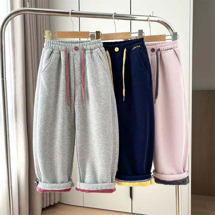 女童冬季加彩色绒加厚百搭时尚休闲风长裤宽松韩版中大童保暖裤