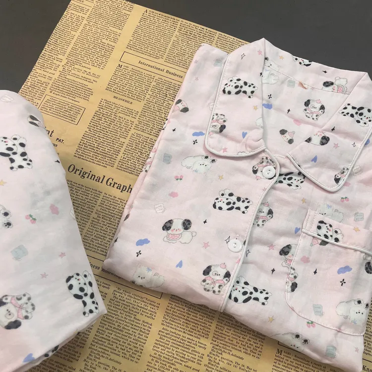 100%纯棉双层棉纱小狗短袖短裤长裤睡衣女夏全棉软糯家居服套装