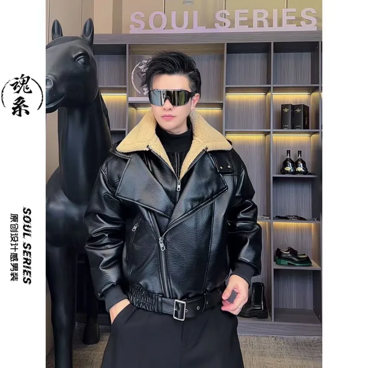 [魂系]美式机车风PU夹克加绒加厚黑色外套个性设计款BF25079保暖