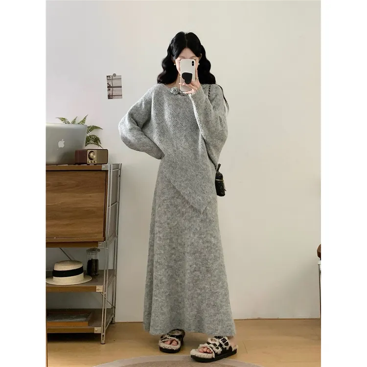 秋装穿搭一整套微胖mm独特超好看高级感慵懒风毛衣半身裙两件套装