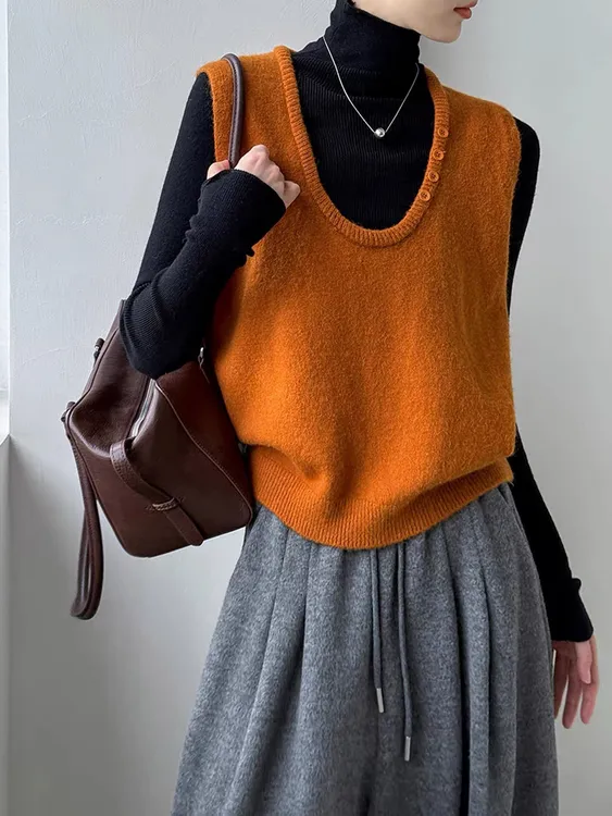 南瓜橘u领新型马甲女秋叠穿外搭针织马夹老钱风无袖背心坎肩毛衣