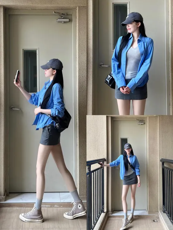 【存在】克莱因蓝色衬衫超显白气质夏季灰色吊带灰色半裙两件套装