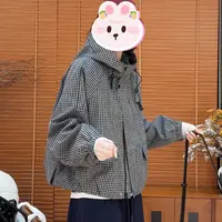 小众设计细格纹连帽短外套女2025秋季新款休闲简约洋气百搭上衣