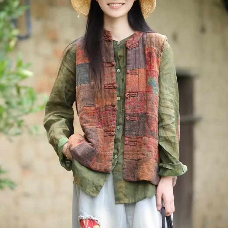 民族风随机拼接花色马甲女秋冬新款夹棉保暖新中式复古背心坎肩